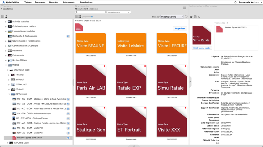 Capture d'écran du logiciel Ajaris. Templates d'indexation créés par Dassault Aviation pour faciliter l'indexation lors du Salon du Bourget.
Orkis au Bourget