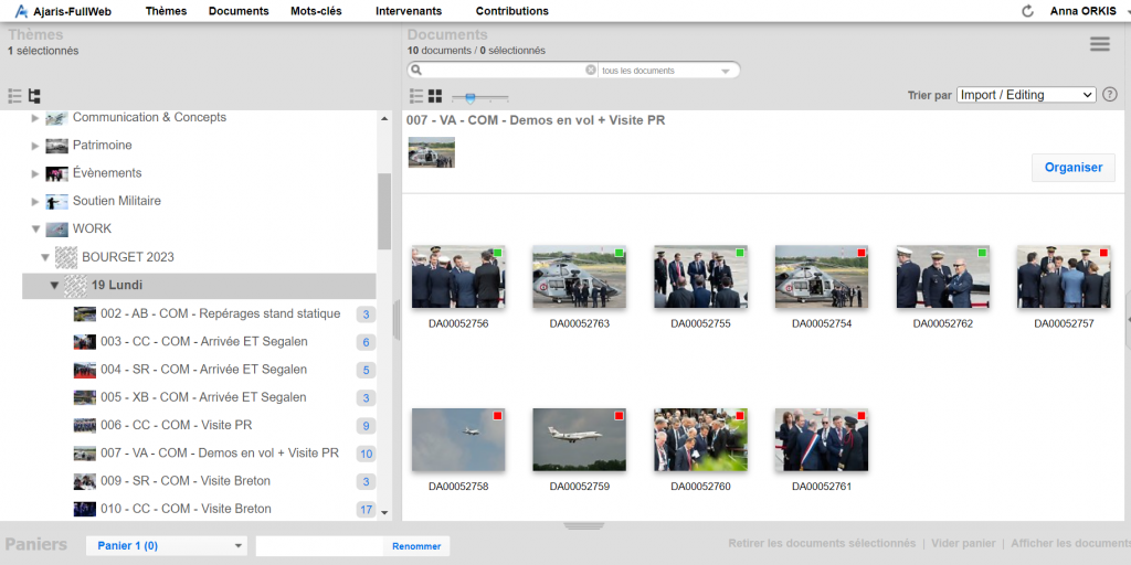 Capture d'écran du logiciel Ajaris. Pastilles de validation utilisées par Dassault Aviation pour repérer les images publiées lors du Salon du Bourget. Orkis au Bourget
